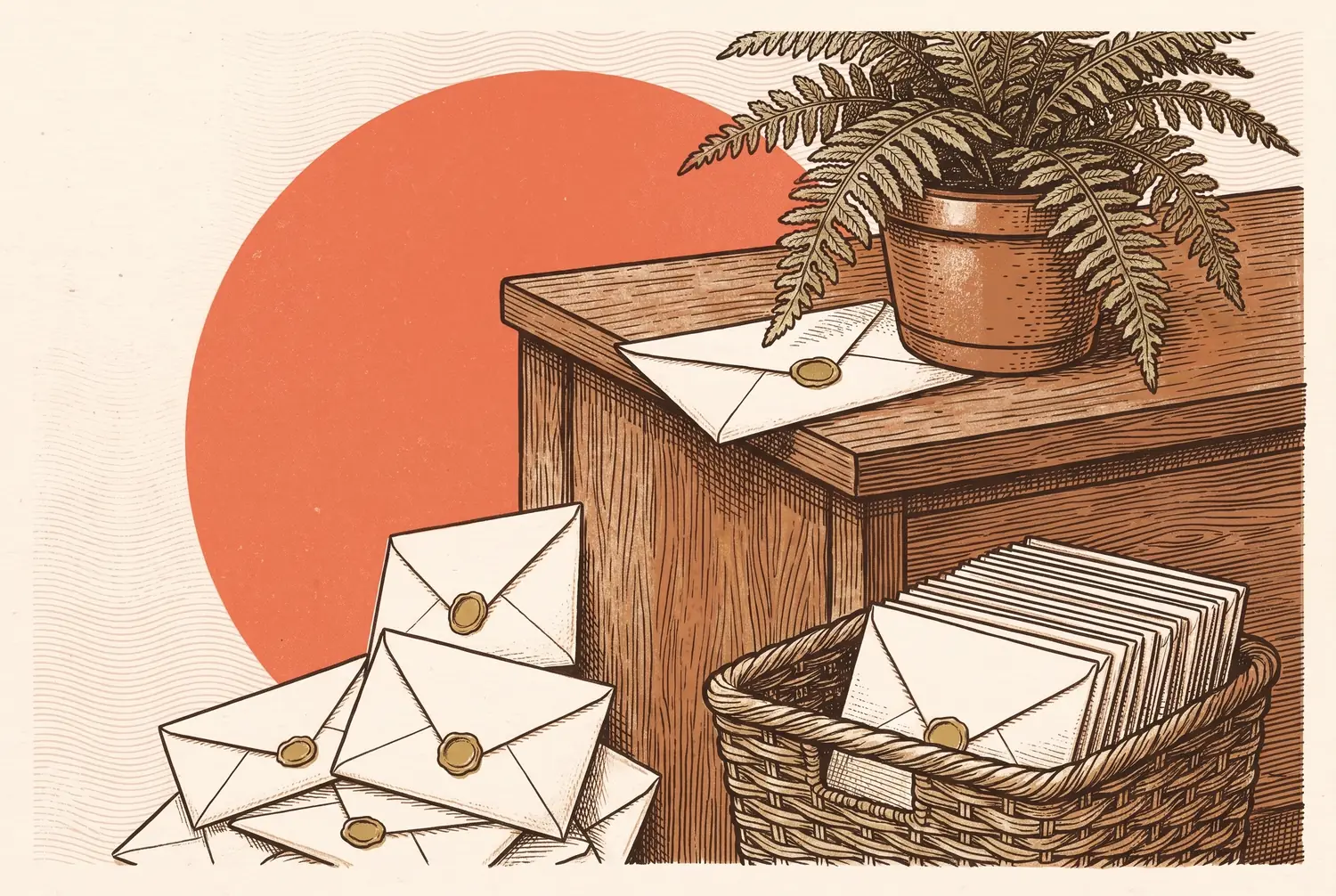 Engraved risograph illustration: a drift of sealed, unopened envelopes piled against a wooden side table, one slid halfway under a potted fern, a basket beside it holding even more — everything tidy except the mail nobody opens.