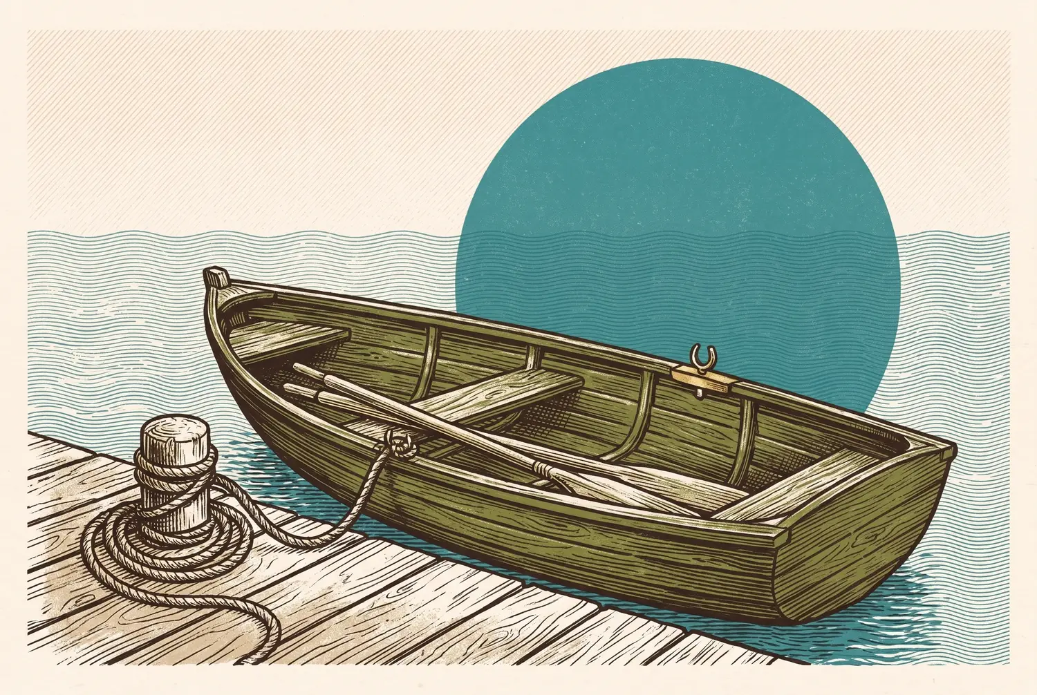 Engraved risograph illustration: a small wooden rowboat tied to a calm dock, oars stowed and rope coiled in a careful knot around the mooring post, gentle open water beyond — everything about the boat ready, nothing about it leaving.