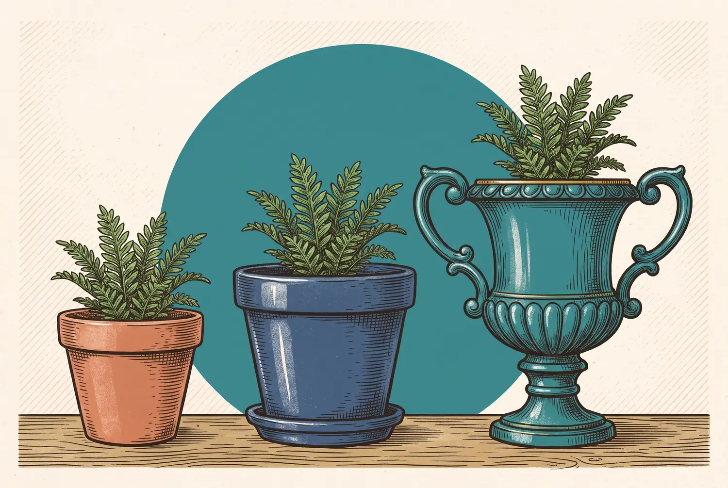 Engraved risograph illustration: the same small fern repotted three times in a row — a plain terracotta pot, then a glazed ceramic pot with a saucer, then an ornate footed urn — the containers growing grander while the plant stays the same.