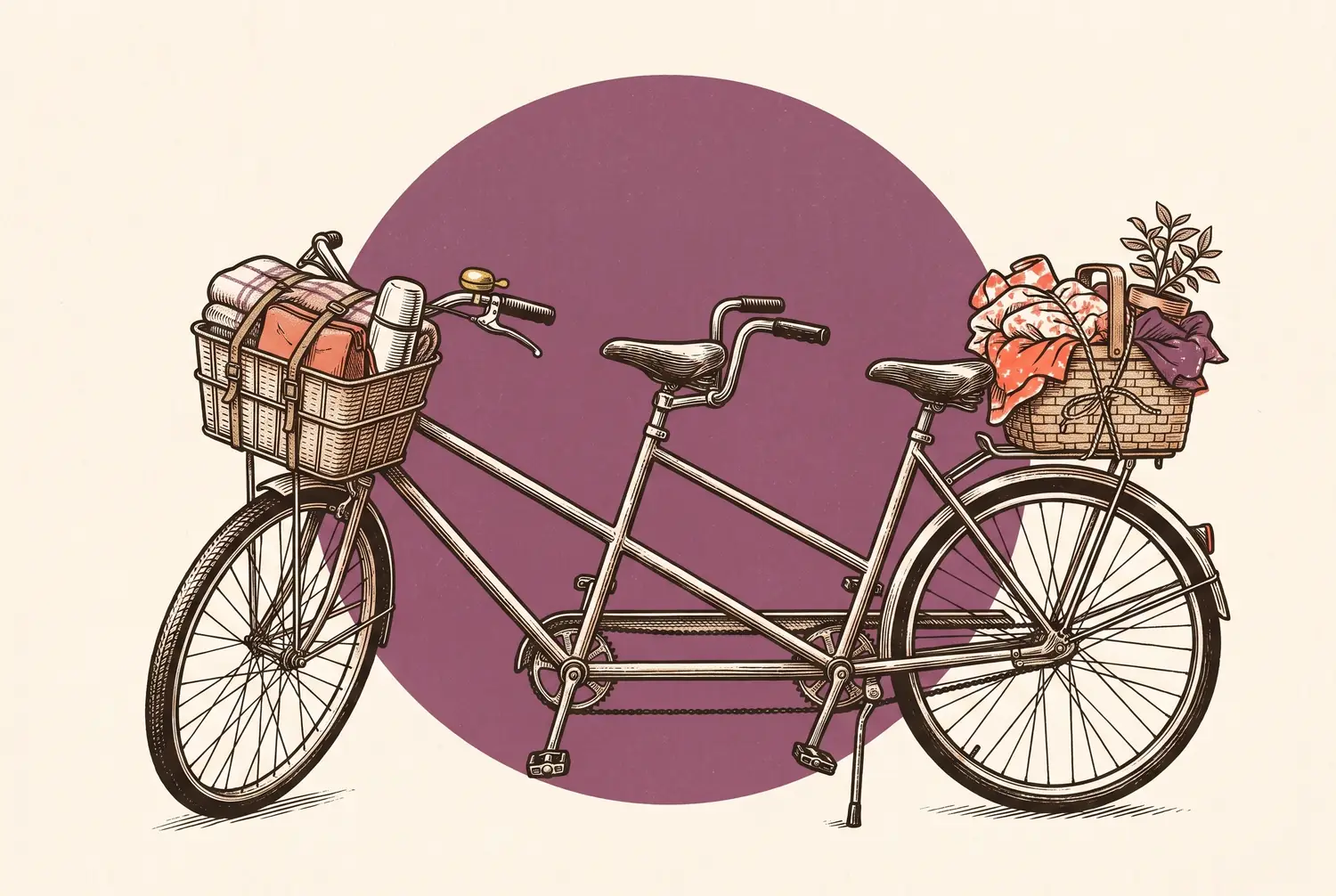 Engraved risograph illustration: a tandem bicycle built for two, its front basket packed neat and strapped down while the rear basket overflows with a cheerful bundle tied with string — one bike, two philosophies of packing.