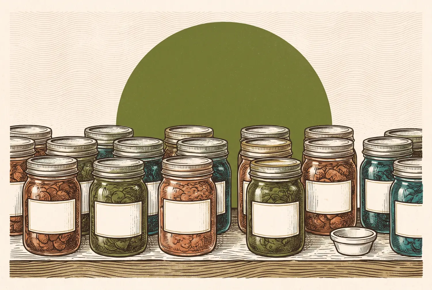 Engraved risograph illustration: a pantry shelf packed with sealed preserve jars, every lid closed and every label blank, while one small empty dish sits clean and waiting at the front — abundance that never gets eaten.