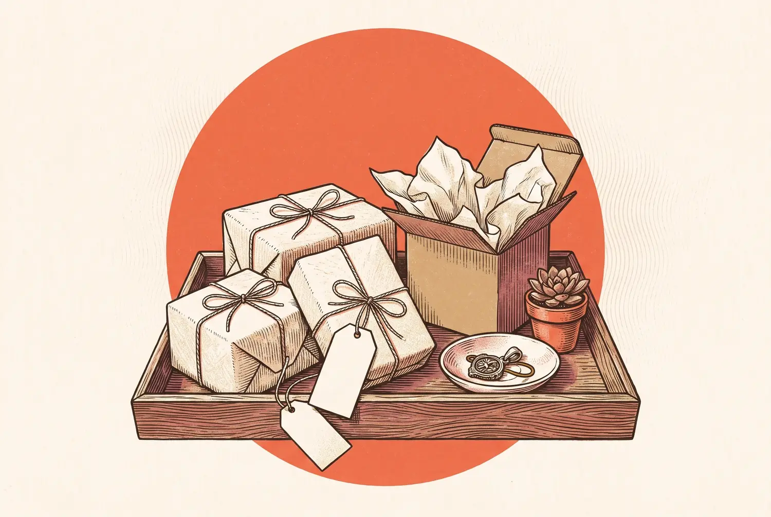 Engraved risograph illustration: a wooden tray crowded past its edges with small delightful purchases — string-tied parcels with blank tags, an opened box blooming tissue paper, a tiny potted succulent, a trinket on a little dish.